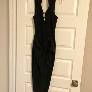 Black Halter Sheath Dress with Pearl Brooch and Diamond Decorative Buttons